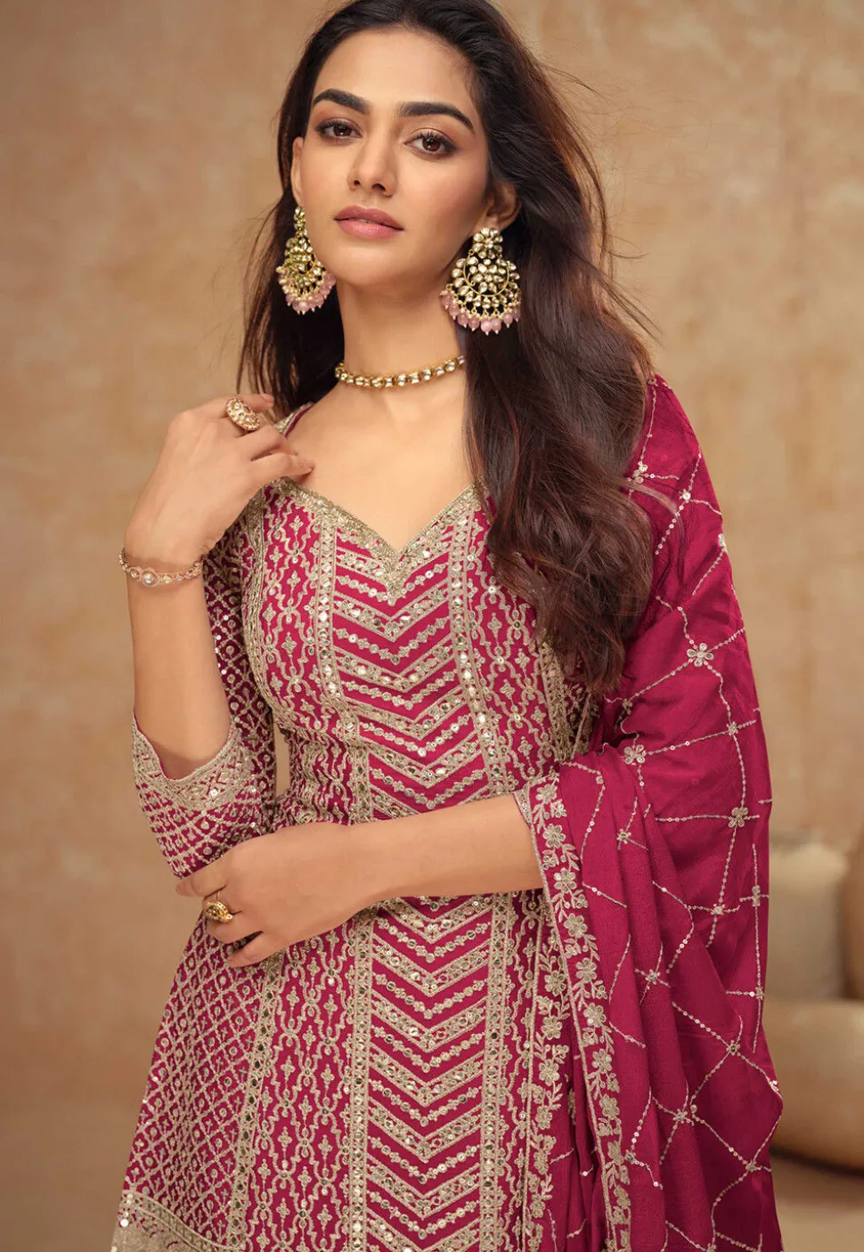 Embroidered Chinon Chiffon Pakistani Suit in Pink