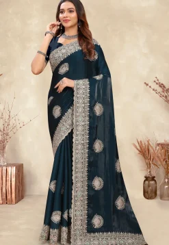 Embroidered Chinon Crepe Scalloped Saree in Teal Green