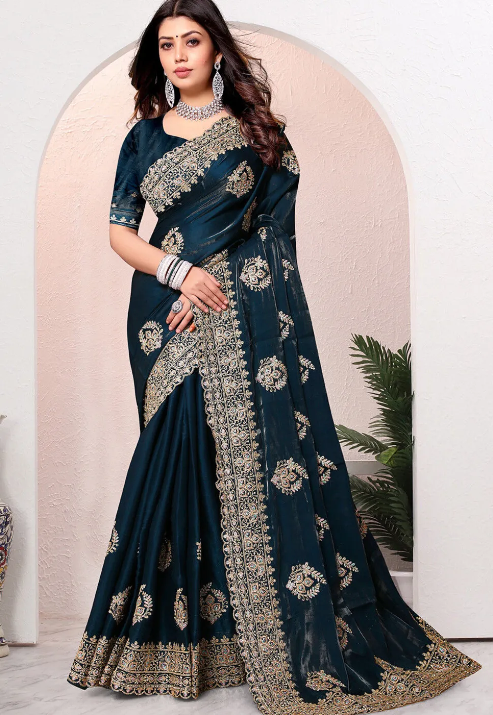Embroidered Chinon Crepe Scalloped Saree in Dark Teal Blue