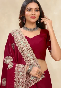 Embroidered Chinon Crepe Scalloped Saree in Maroon