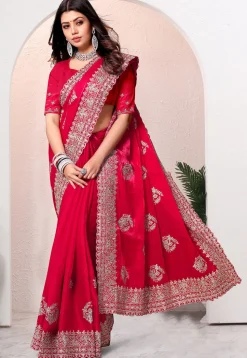 Embroidered Chinon Crepe Scalloped Saree in Red
