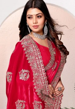 Embroidered Chinon Crepe Scalloped Saree in Red