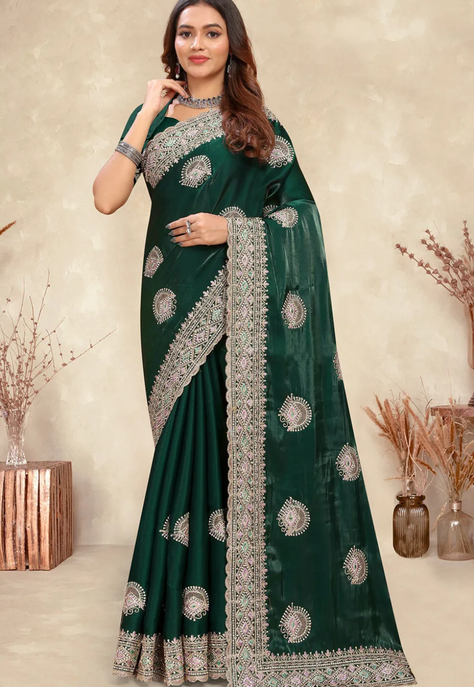 Embroidered Chinon Crepe Scalloped Saree in Dark Green