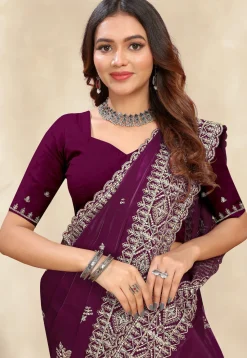 Embroidered Chinon Crepe Scalloped Saree in Wine