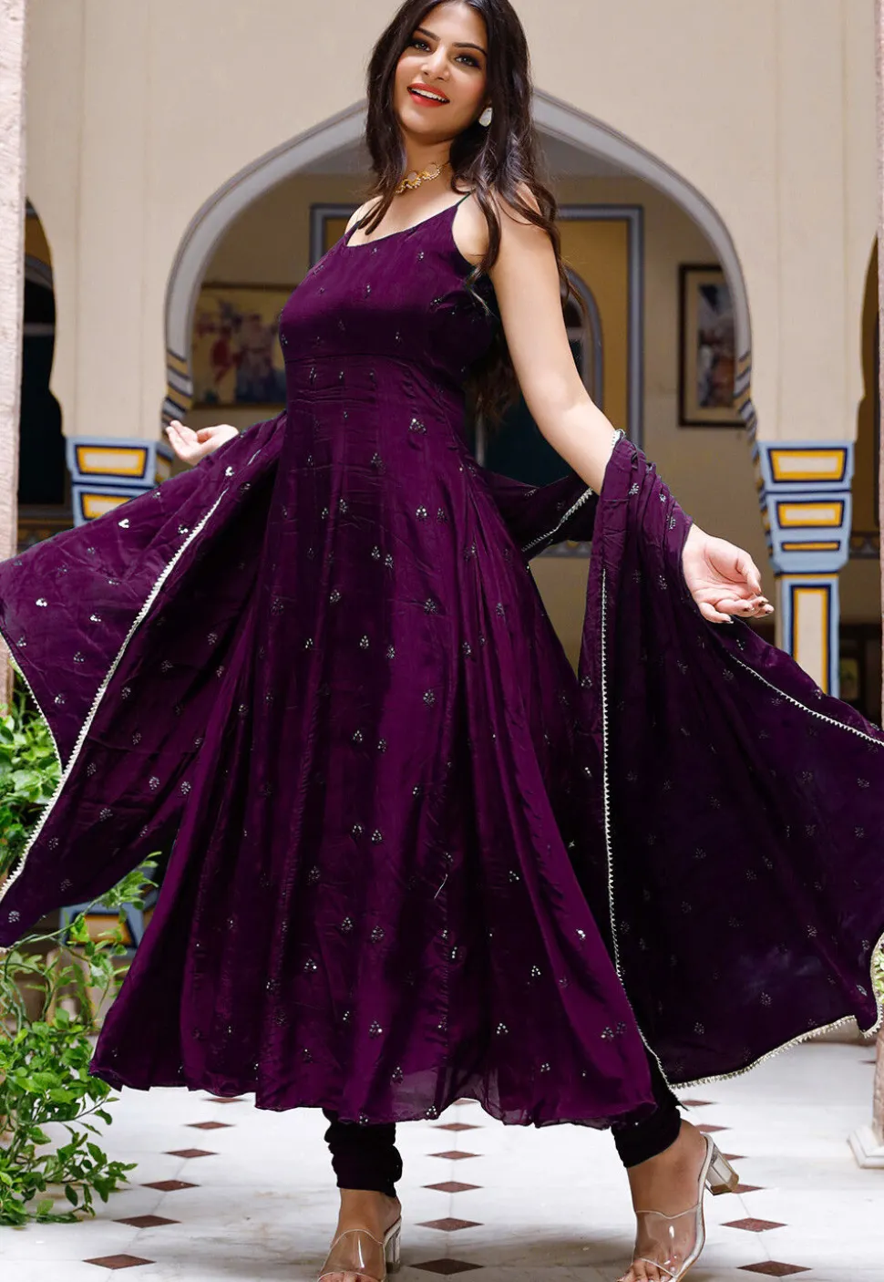 Embroidered Chinon Crepe Anarkali Suit in Purple