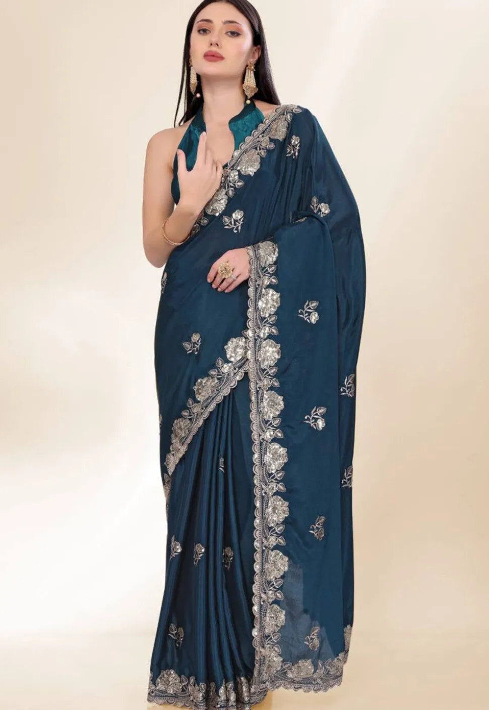 Embroidered Chinon Crepe Scalloped Saree in Teal Blue