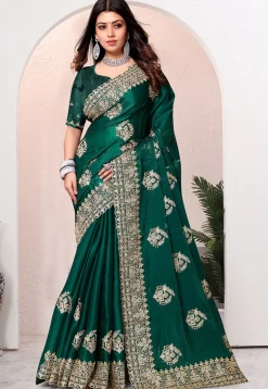 Embroidered Chinon Crepe Scalloped Saree in Dark Green