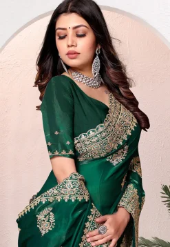Embroidered Chinon Crepe Scalloped Saree in Dark Green