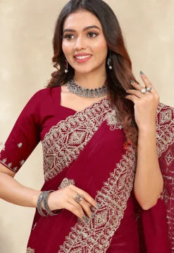 Embroidered Chinon Crepe Scalloped Saree in Maroon