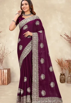 Embroidered Chinon Crepe Scalloped Saree in Wine