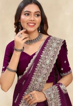 Embroidered Chinon Crepe Scalloped Saree in Wine
