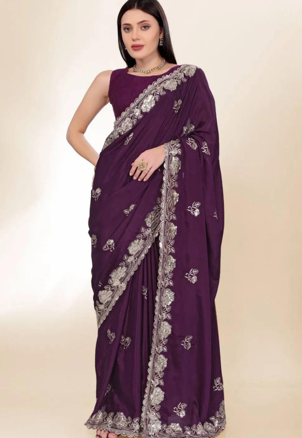 Embroidered Chinon Crepe Scalloped Saree in Wine