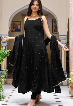 Embroidered Chinon Crepe Anarkali Suit in Black