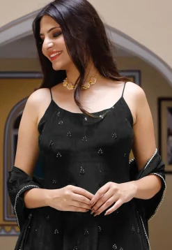 Embroidered Chinon Crepe Anarkali Suit in Black