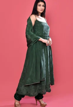 Embroidered Chinon Crepe Anarkali Suit in Dark Green