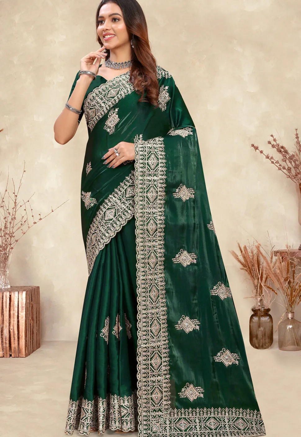Embroidered Chinon Crepe Scalloped Saree in Dark Green
