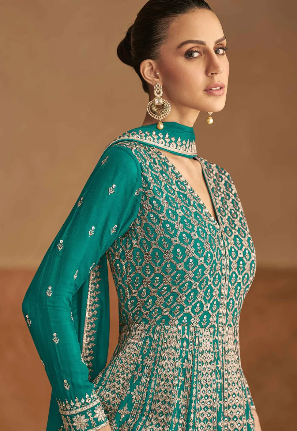 Embroidered Chinon Silk Abaya Style Suit in Teal Green
