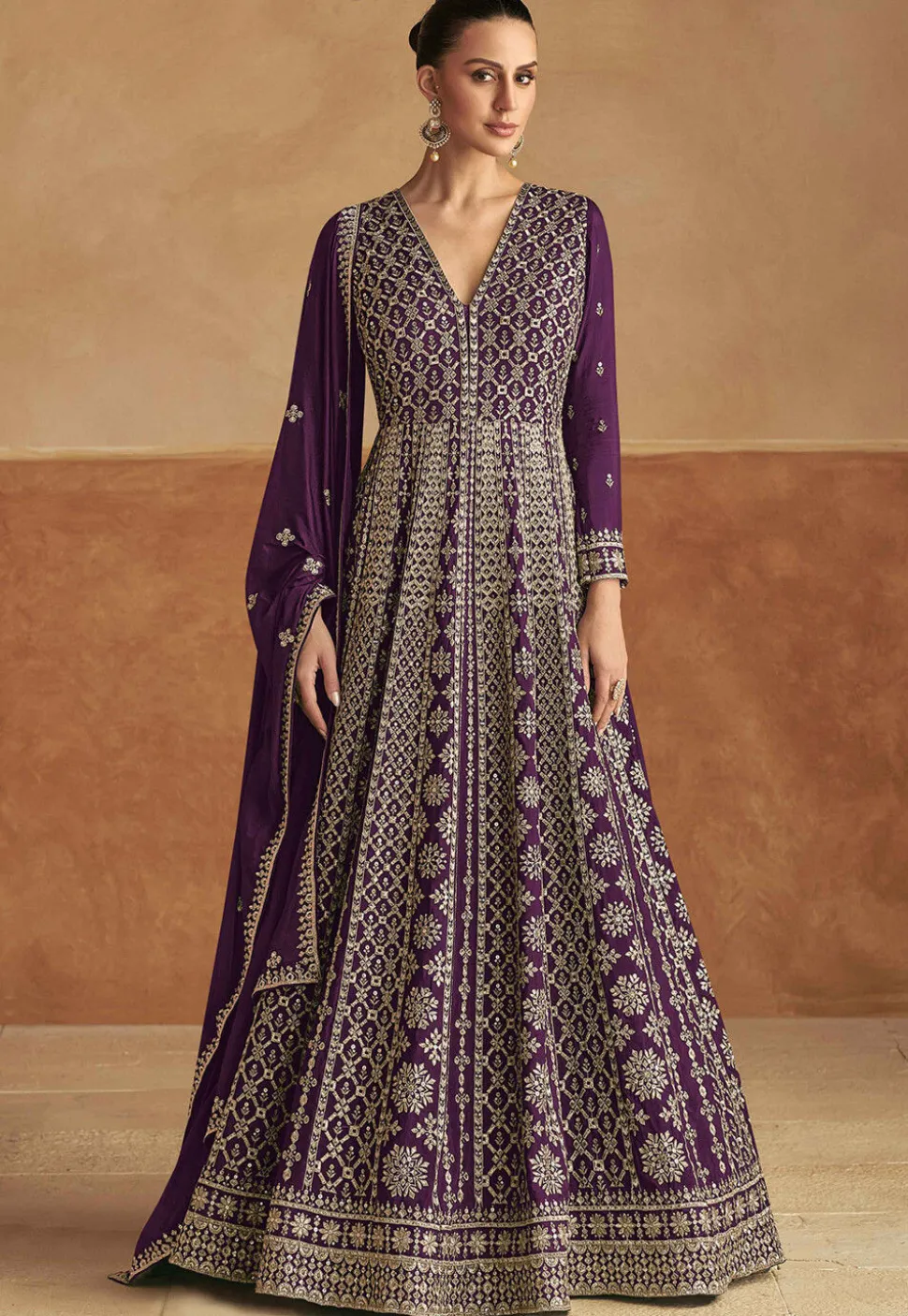 Embroidered Chinon Silk Abaya Style Suit in Purple