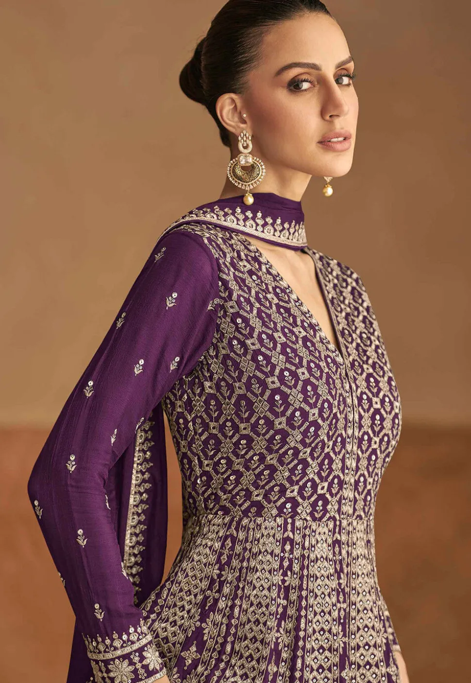 Embroidered Chinon Silk Abaya Style Suit in Purple