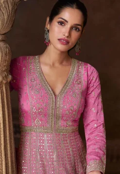 Embroidered Chinon Silk Abaya Style Suit in Pink Ombre