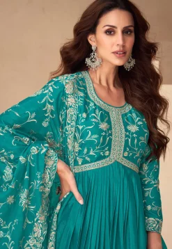 Embroidered Chinon Silk Abaya Style Suit in Teal Blue