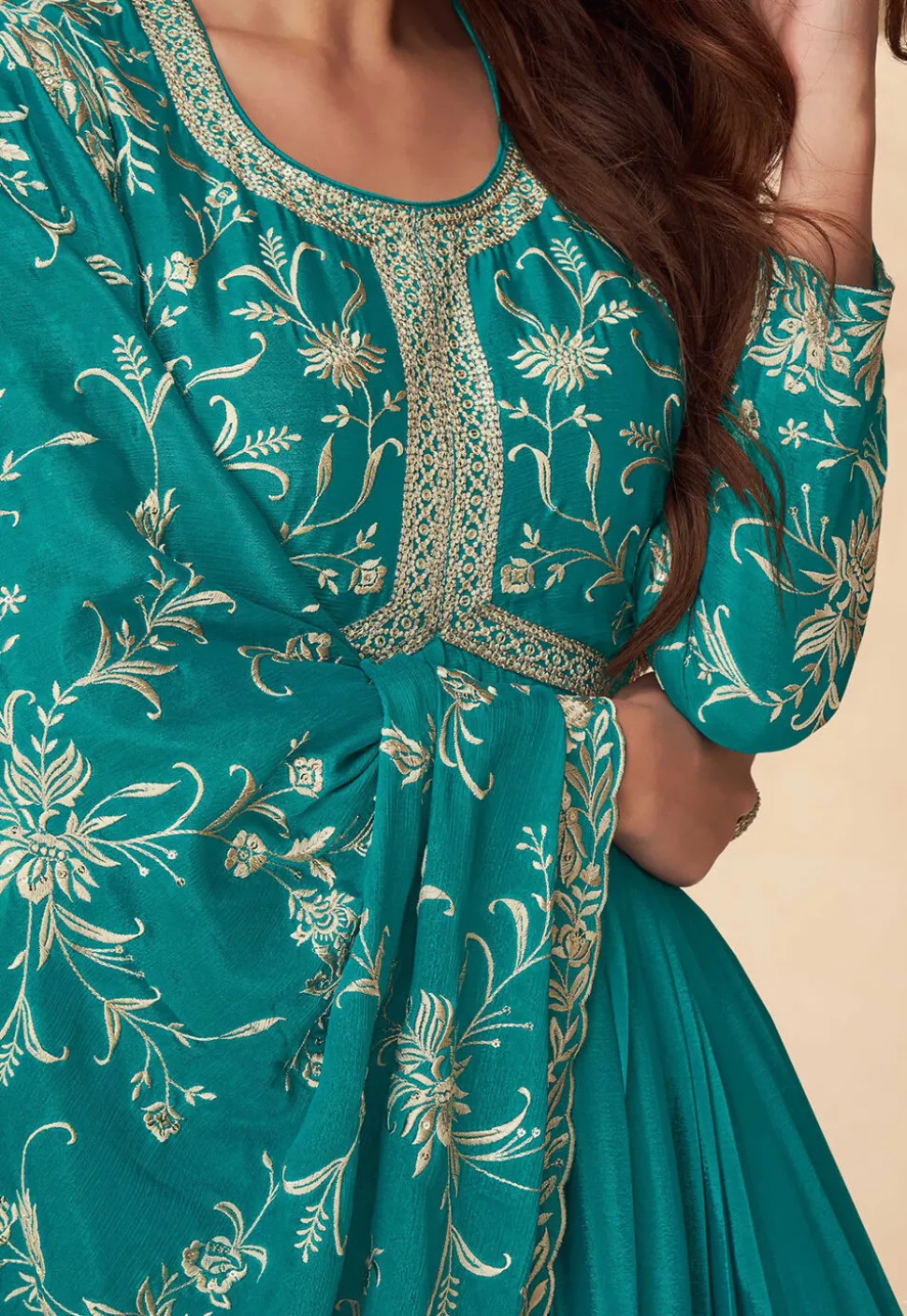 Embroidered Chinon Silk Abaya Style Suit in Teal Blue