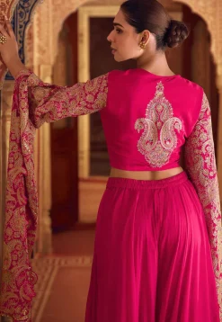 Embroidered Chinon Silk Crop Top Set in Pink