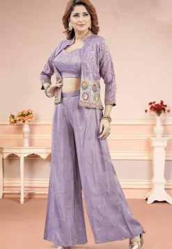 Embroidered Chinon Silk Crop Top Set in Purple