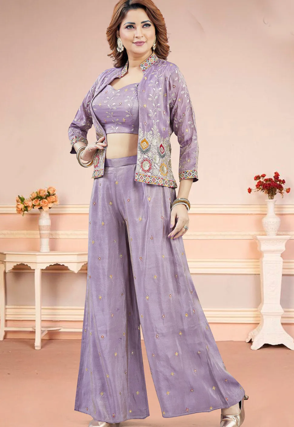 Embroidered Chinon Silk Crop Top Set in Purple