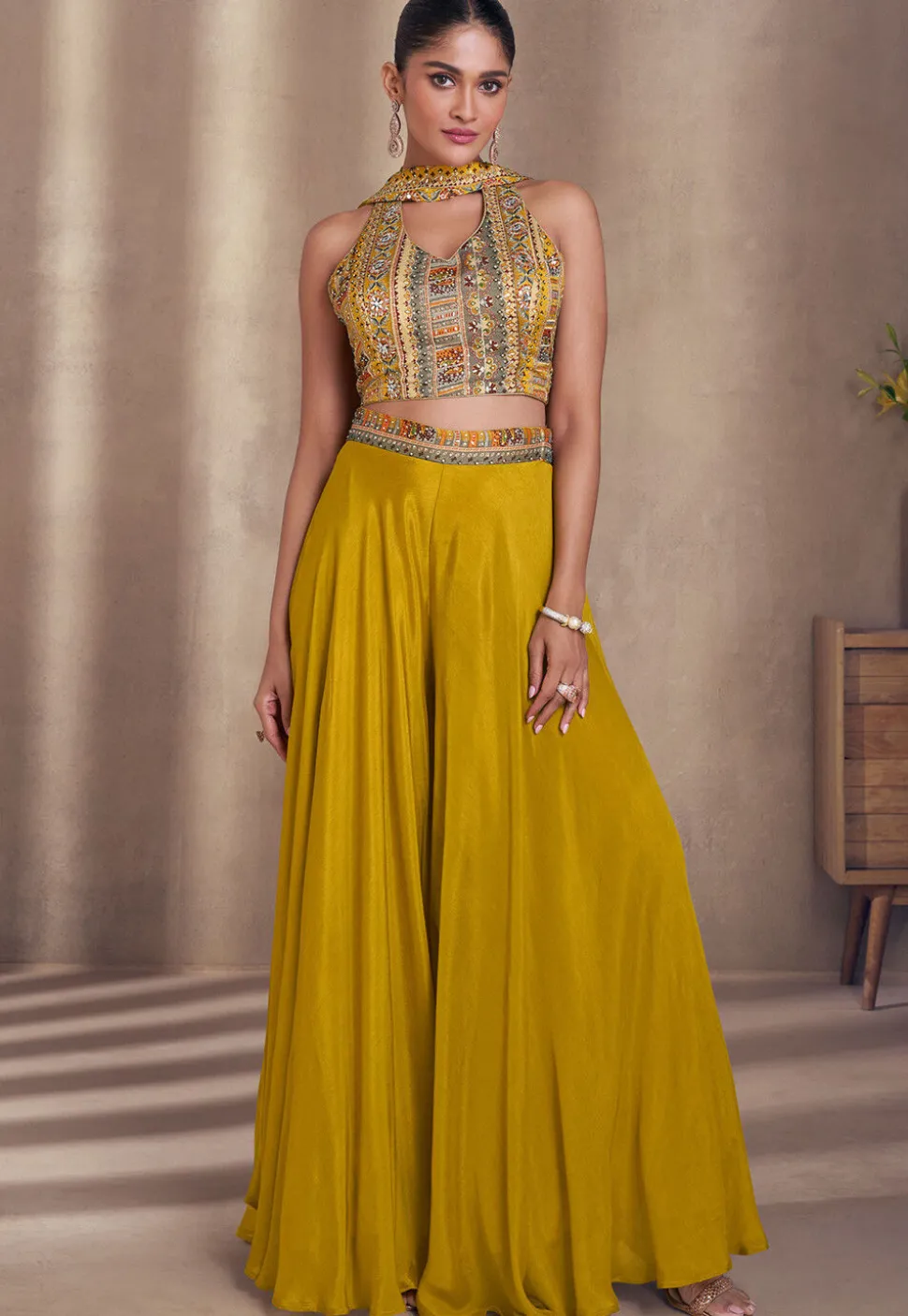 Embroidered Chinon Silk Crop Top Set in Mustard