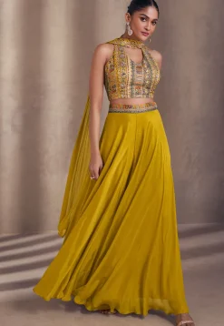 Embroidered Chinon Silk Crop Top Set in Mustard