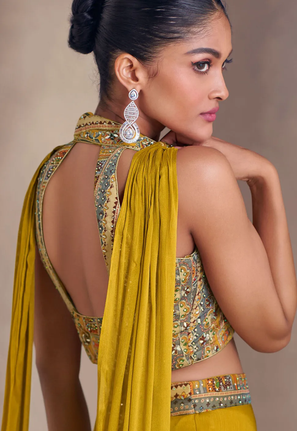 Embroidered Chinon Silk Crop Top Set in Mustard
