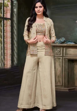 Embroidered Chinon Silk Crop Top Set in Beige