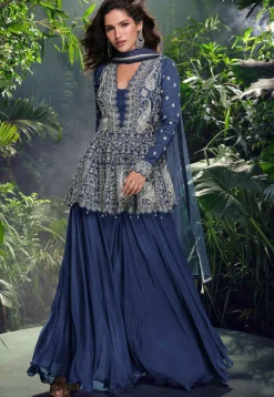Embroidered Chinon Silk Jacquard Pakistani Suit in Navy Blue