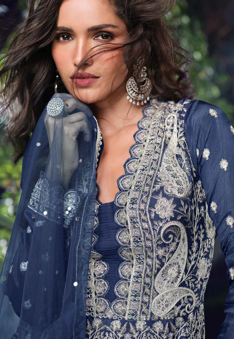 Embroidered Chinon Silk Jacquard Pakistani Suit in Navy Blue