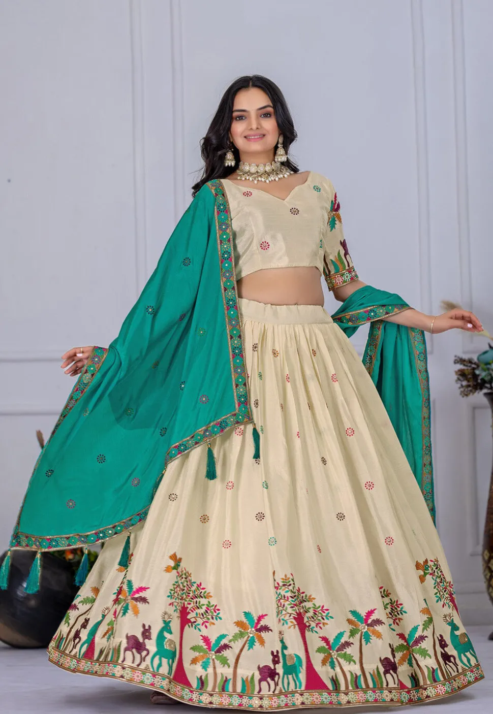 Embroidered Chinon Silk Lehenga in Cream