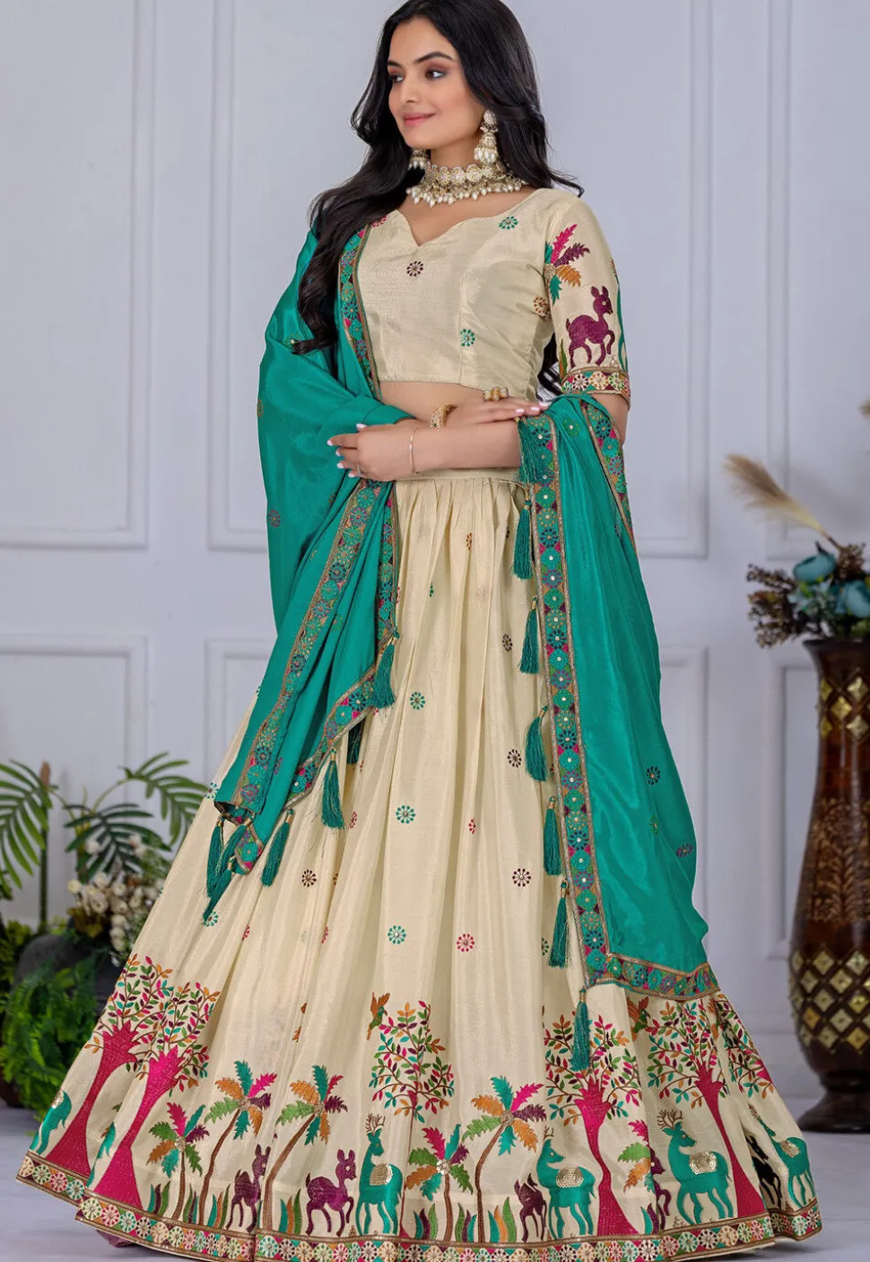 Embroidered Chinon Silk Lehenga in Cream