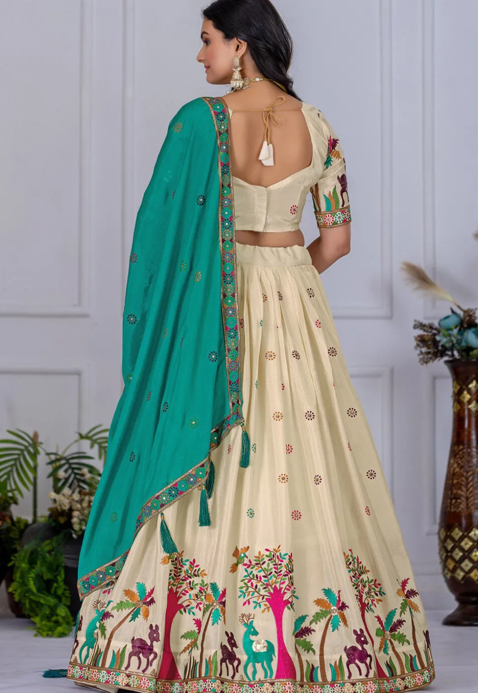 Embroidered Chinon Silk Lehenga in Cream