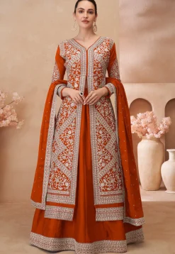 Embroidered Chinon Silk Lehenga in Orange