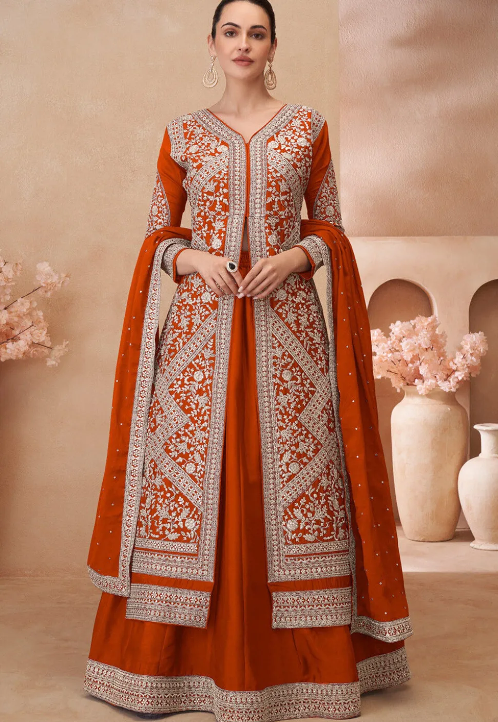 Embroidered Chinon Silk Lehenga in Orange