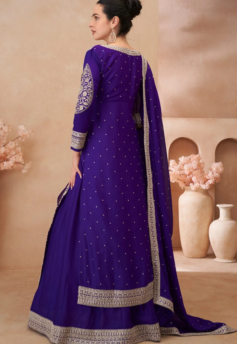 Embroidered Chinon Silk Lehenga in Purple