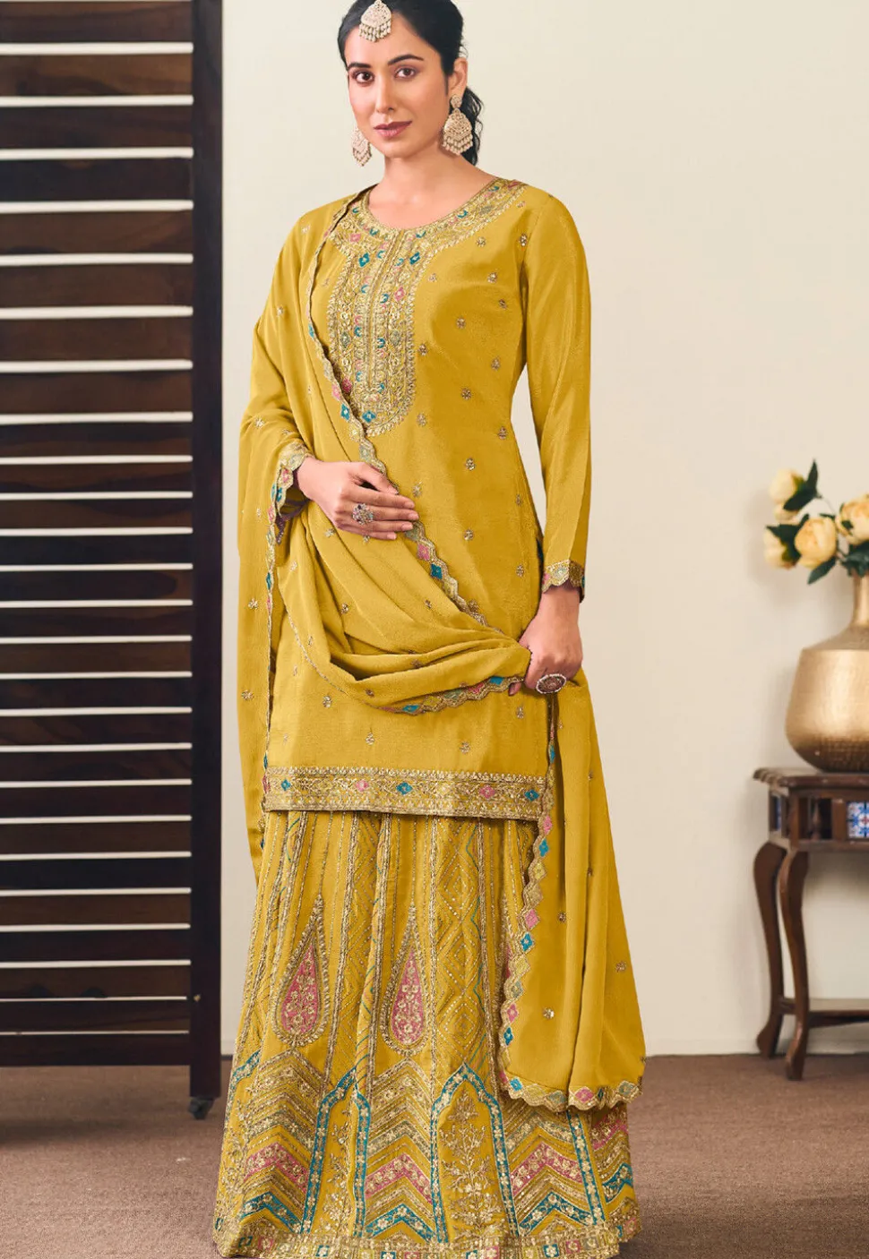 Embroidered Chinon Silk Lehenga in Mustard