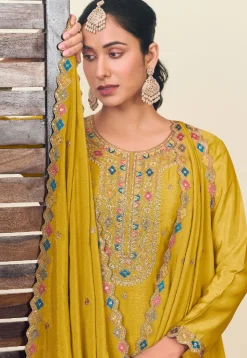 Embroidered Chinon Silk Lehenga in Mustard