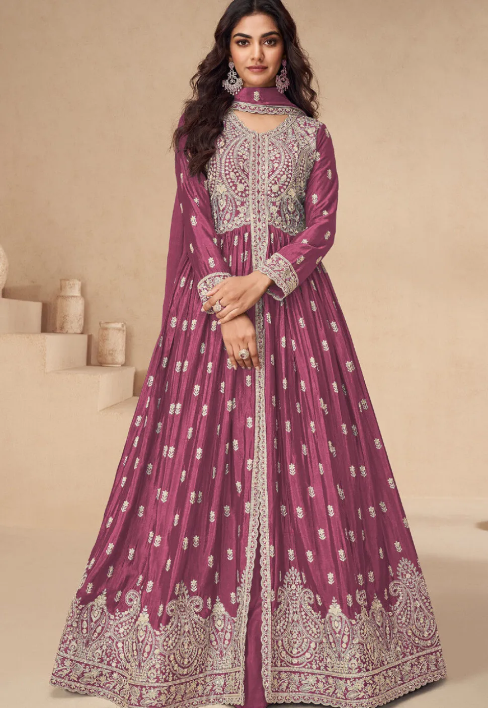 Embroidered Chinon Silk Lehenga in Old Rose