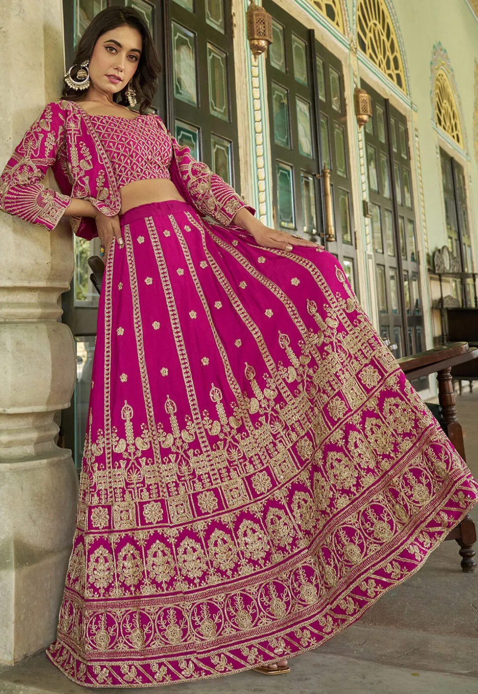 Embroidered Chinon Silk Lehenga in Fuchsia