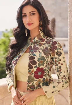 Embroidered Chinon Silk Lehenga in Cream