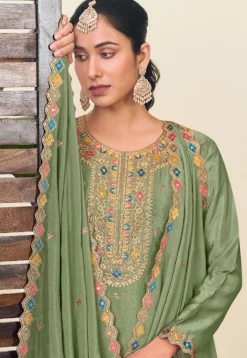 Embroidered Chinon Silk Lehenga in Green