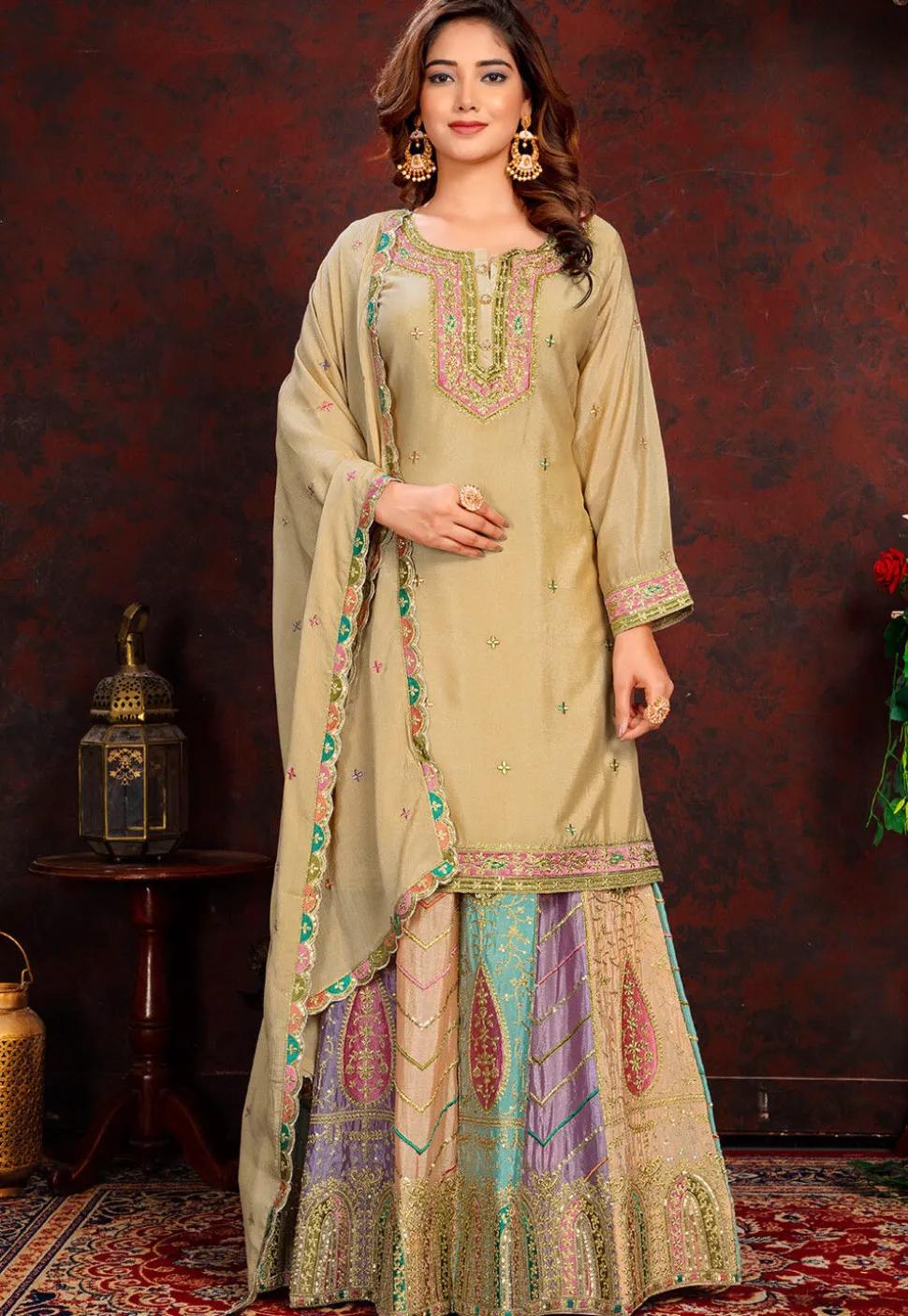 Embroidered Chinon Silk Lehenga in Multicolor