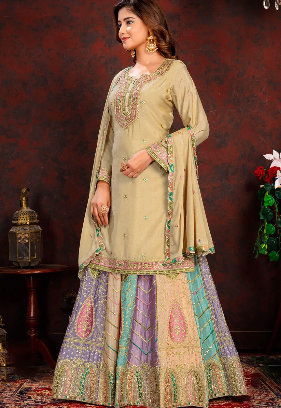 Embroidered Chinon Silk Lehenga in Multicolor