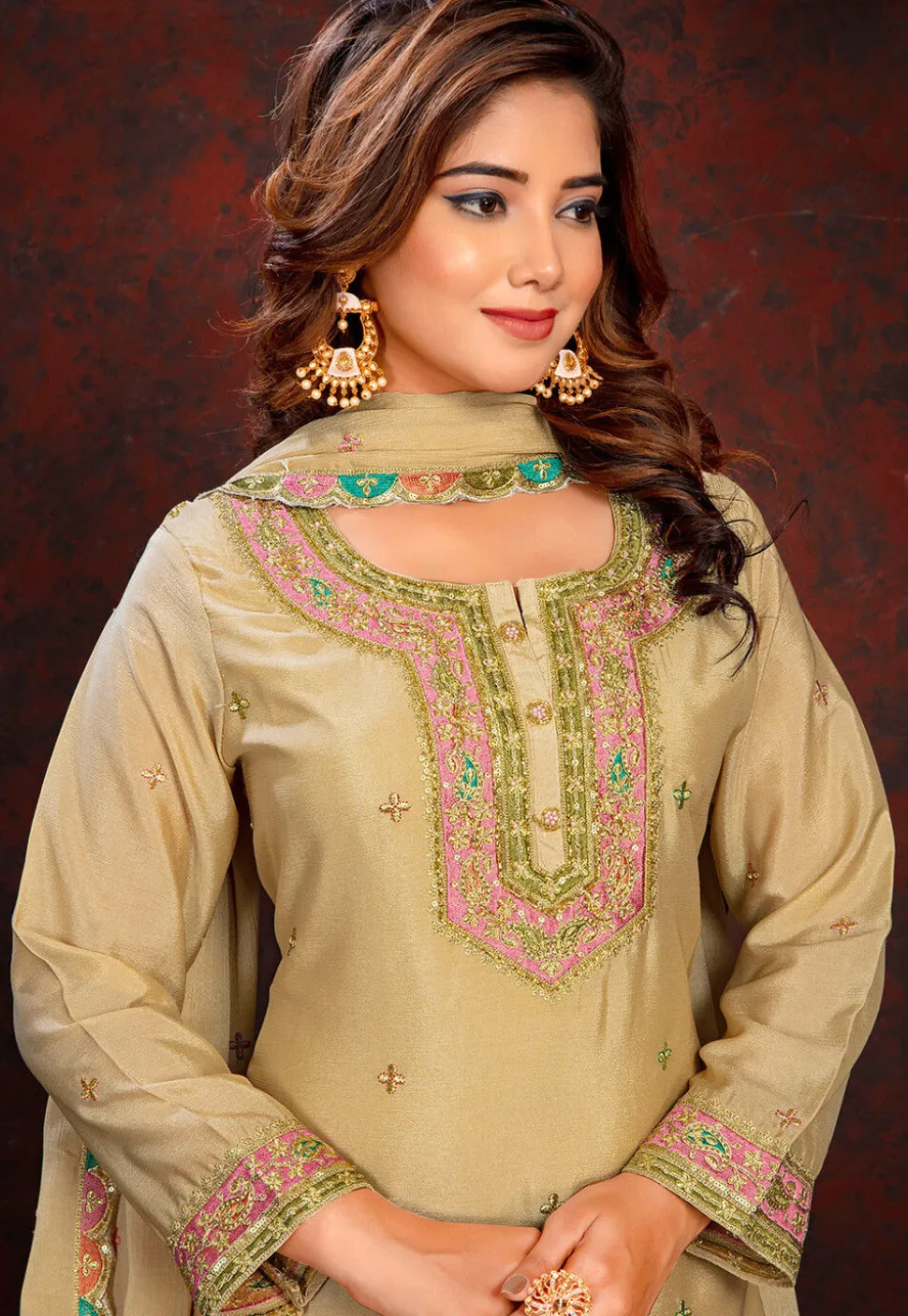 Embroidered Chinon Silk Lehenga in Multicolor